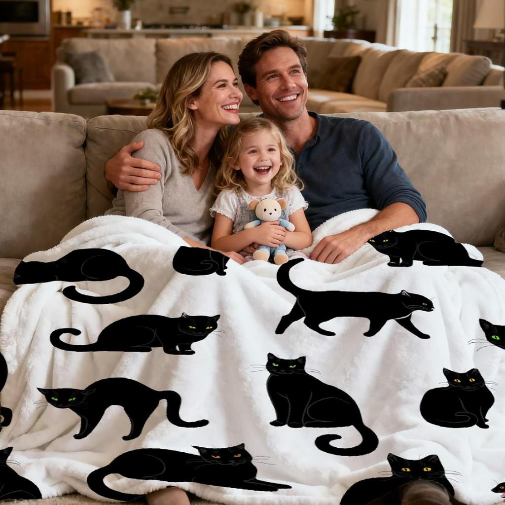 VIKAMA Minimalist Black Kitty Fleece Blanket for White Nordic Apartment Ins Style Bedroom Decor,Couch Cover Birthday Present