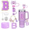 8PCS Accessories Set for Stanley Cup Purple 30oz 40oz Tumbler Silicone Straw Topper Cover Cap Boot Handle Charm Initials Sticker Cup Holders 5