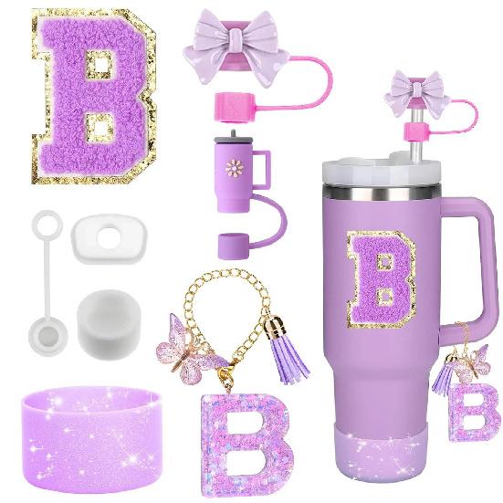 8PCS Accessories Set for Stanley Cup Purple 30oz 40oz Tumbler Silicone Straw Topper Cover Cap Boot Handle Charm Initials Sticker Cup Holders 5