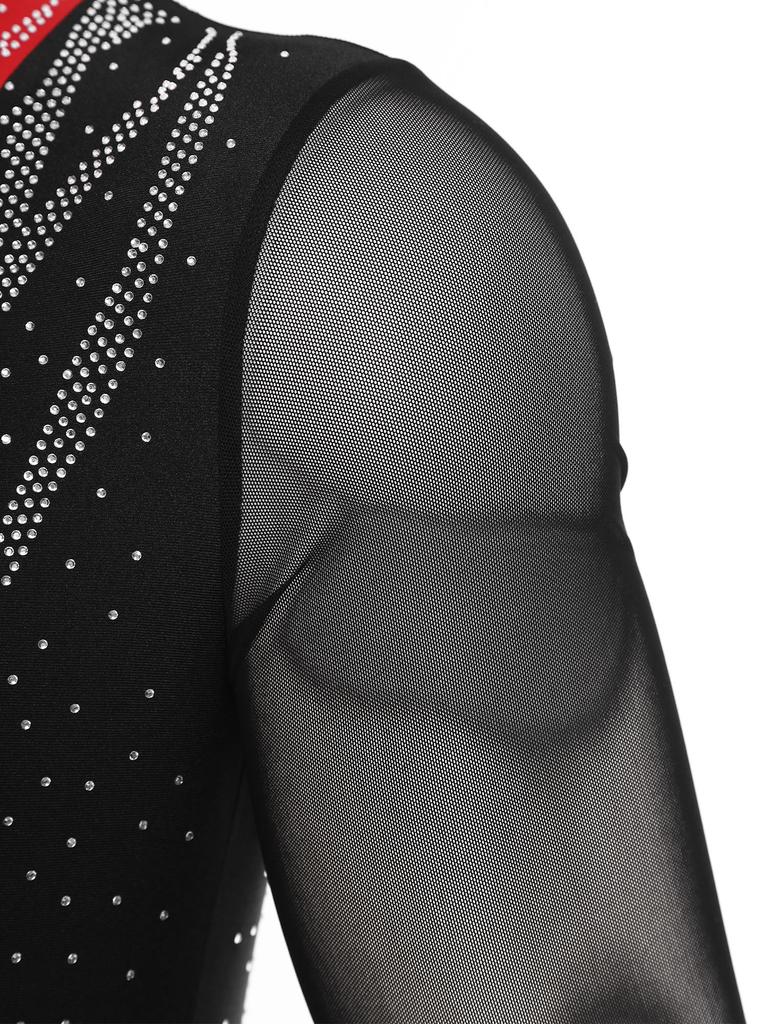 Mens Tango Dance Bodysuit Long Sleeve Mesh Panel Color Block V Neck Rhinestone Leotard Latin Ballroom Performance Wear