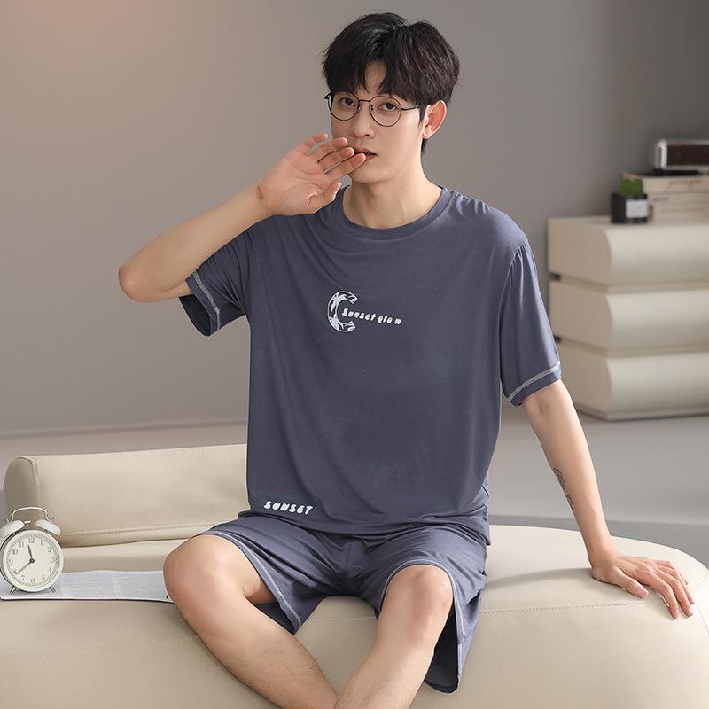 Men's Summer Ice-Fabric Pajama Set: Short Sleeve, Round Neck, Plus Size