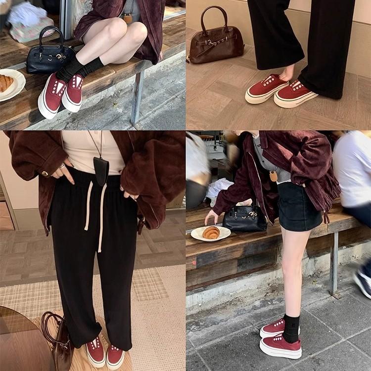 Cowhide version Su Yinyin of the same style, one-pedal leather round head thick sole height increase casual canvas shoes women's board shoes white sho