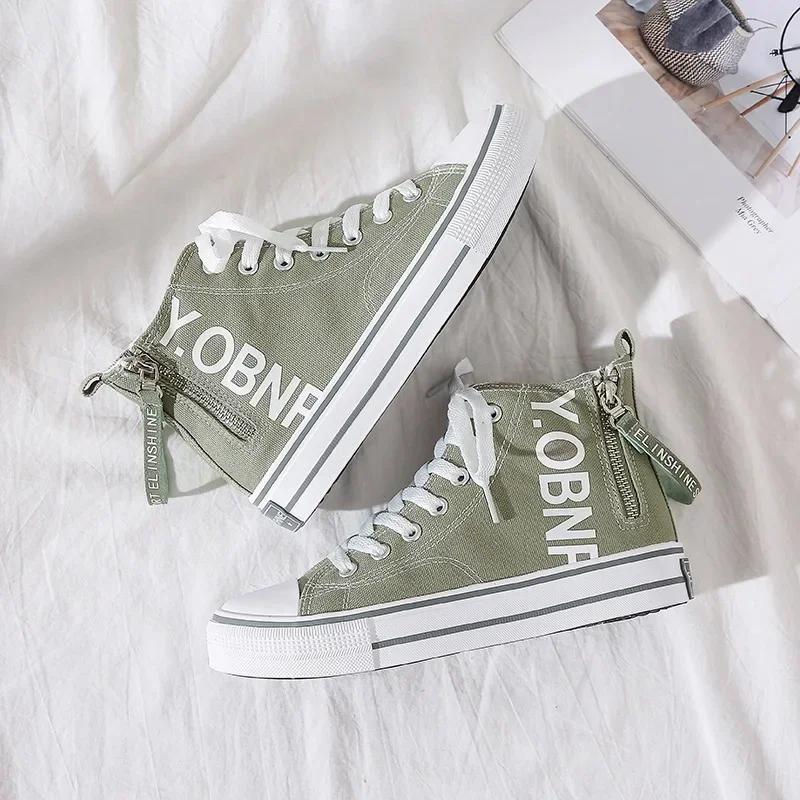 Women Canvas Flat Shoes Spring and Autumn New High Top Fashion Women Zipper Breathable Fabric Casual Canvas Sneakers