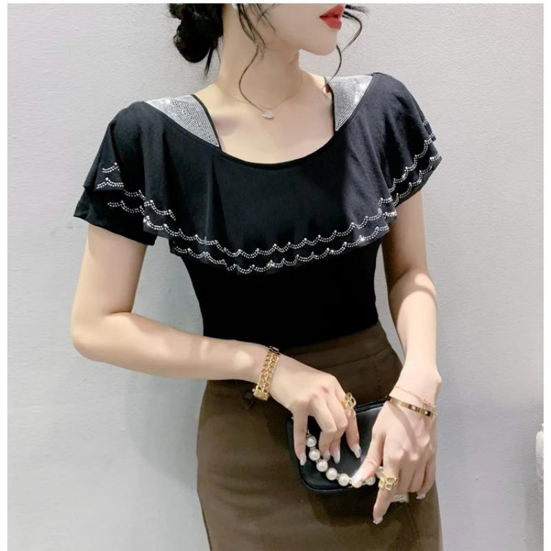 Summer Ruffles Hot Diamonds Square Collar T-Shirts Women Short Sleeved Mesh Tops Shirts Streetwear Girl Fashion Tees Blouse