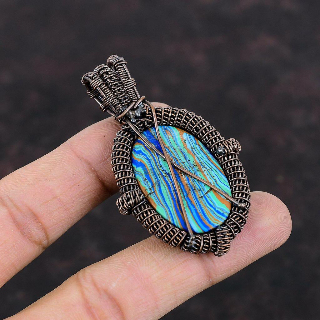 Rainbow Calsilica Gemstone Pendant Copper Wire Wrapped Pendant Elegant Jewelry Handmade Brand New Pendant Copper Jewelry Gift For Engagement