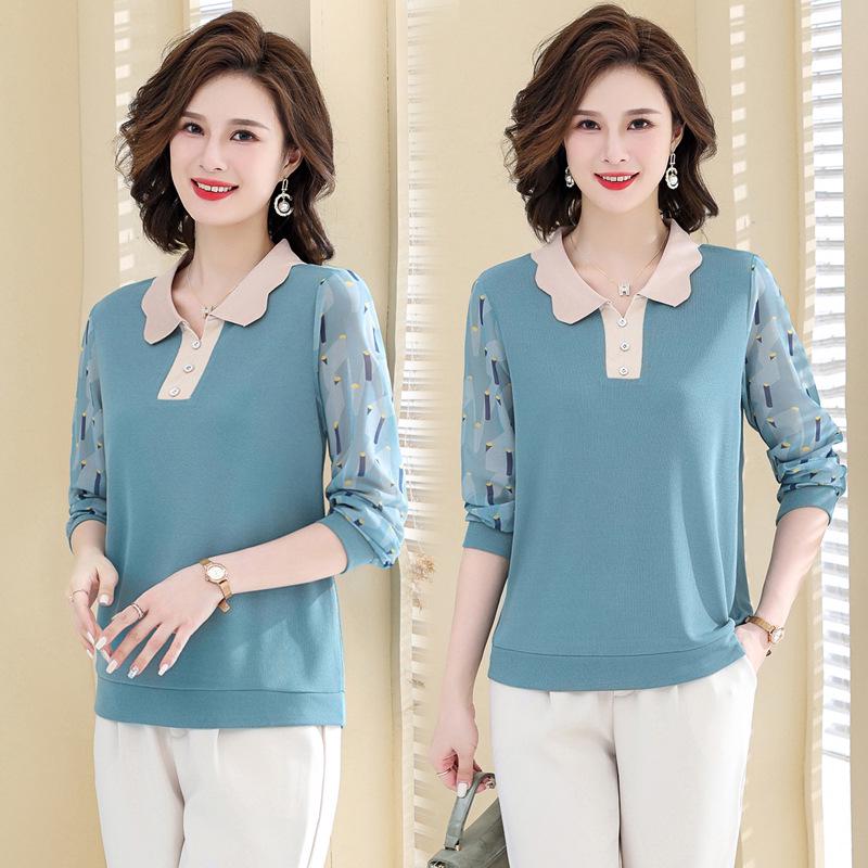 

Chiffon Sleeve Patchwork Top for Middle-Aged and Elderly Women 4XL зелений