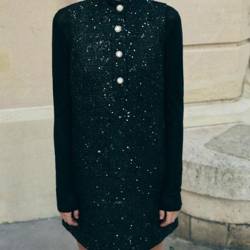 Fall and Winter New Women's Clothing Fashion Style Sleeveless Stand Collar Sequin Decorative Texture Mini Dress 9251949