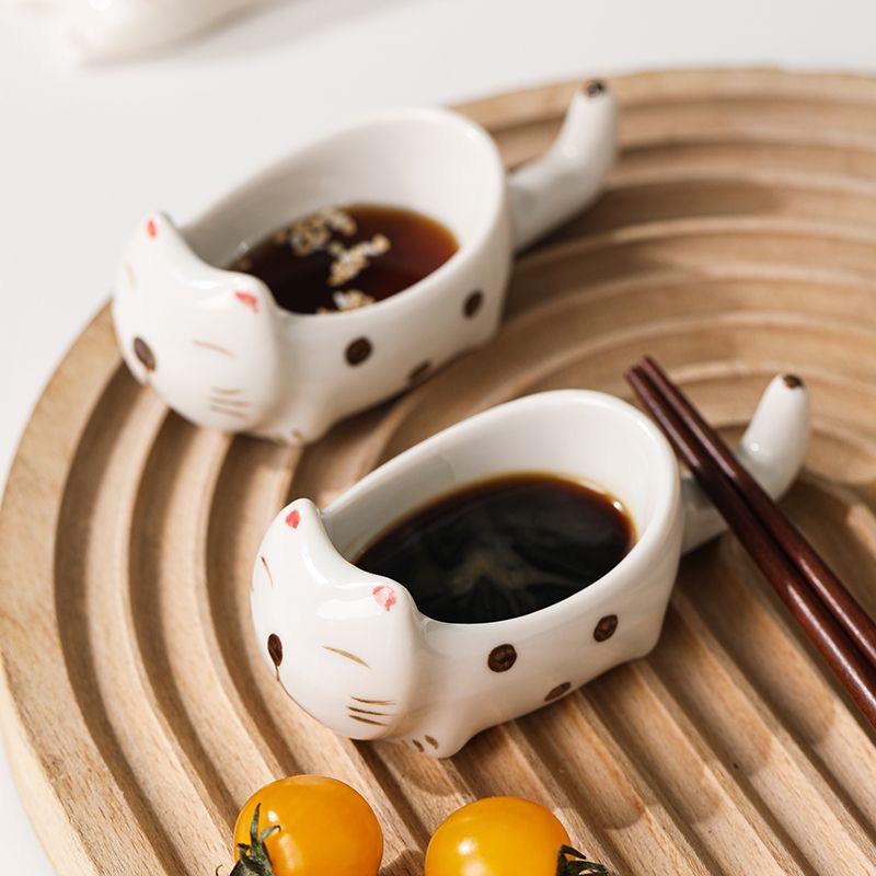 2pcs Ceramic Cat Dish Multi-Functional Sauce Plate & Chopstick Rest