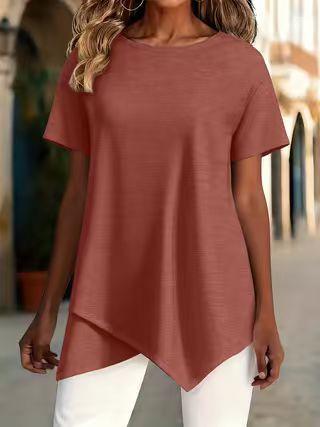 women's Solid Color Short Sleeve Irregular Hem Round Neck Loose Fit Casual Tunic Top Blouse