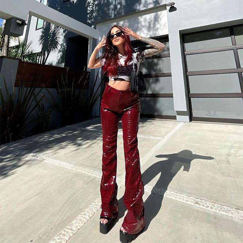 Autumn And Winter Women's Crocodile Pattern Leather Pants Women High Waist Micro Horn Temperament PU Trousers