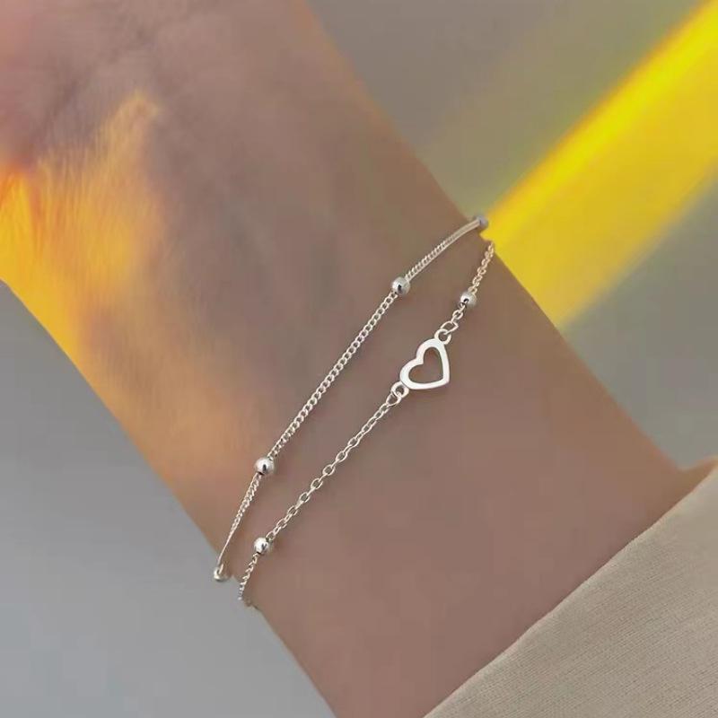 S925 Silver-Plated Heart & Beads Double-Layer Bracelet for Women