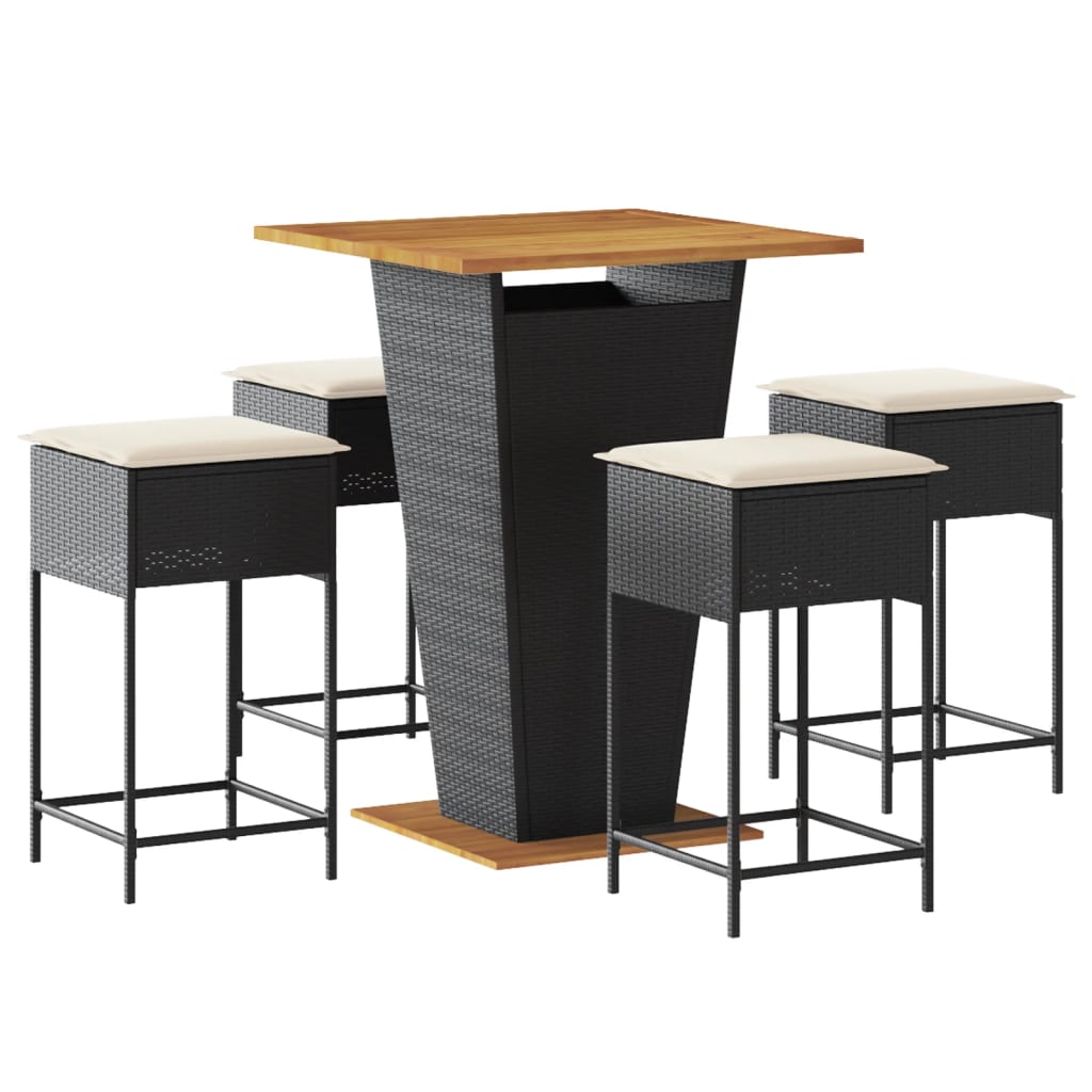 5 Piece Garden Bar Set with Cushions Black Poly Rattan