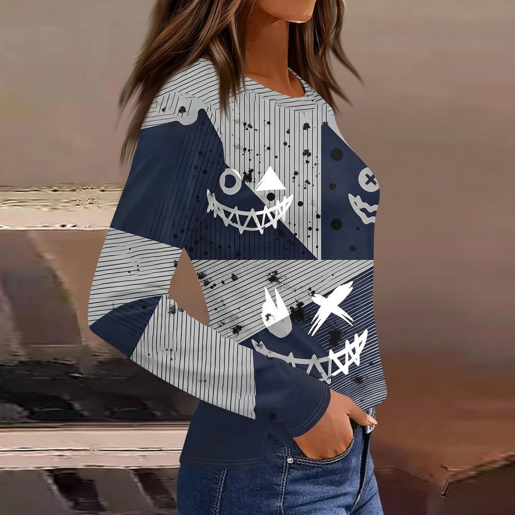 Women's Halloween Print Long Sleeve Top with Round Neck and Hem Slit for Casual Party Wear