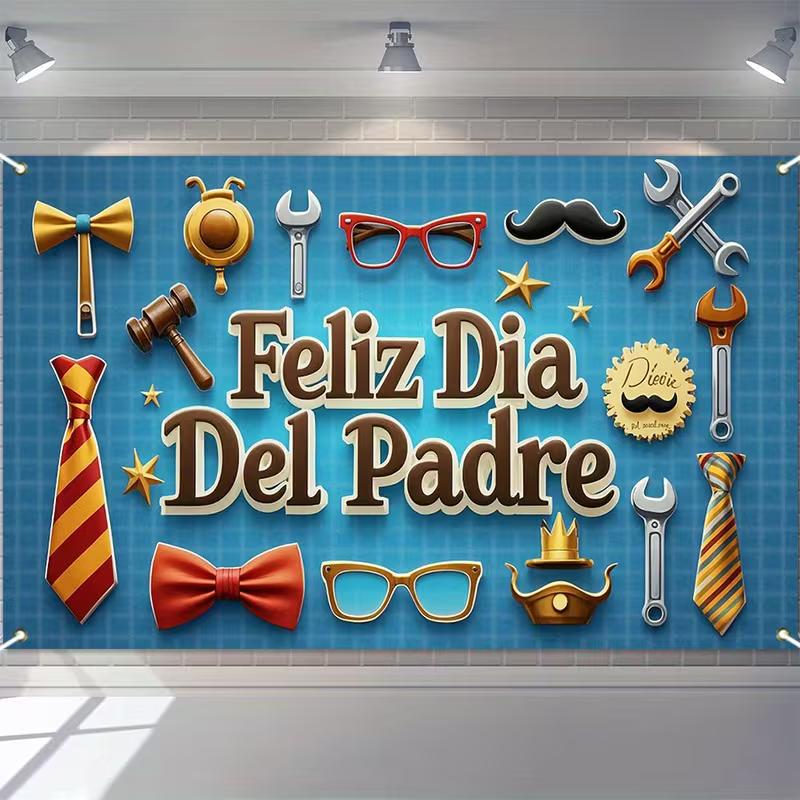 

Мужской гобелен ко Дню отца, синий «Feliz Dia Del Padre» с инструментами, галстуками и аксессуарами, Праздничное настенное искусство для вечеринки 47.2x31.5inch/120*80cm