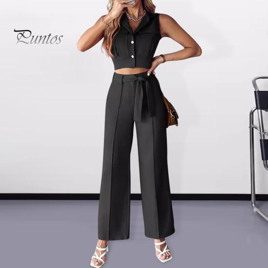 

Женский формальный наряд из 2 шт./компл., короткий жилет и брюки, комплект без рукавов, сплошной цвет с лацканами, V-образным вырезом, высокая талия, широкий пояс на шнуровке, свободный OL, женский стиль для поездок на работу