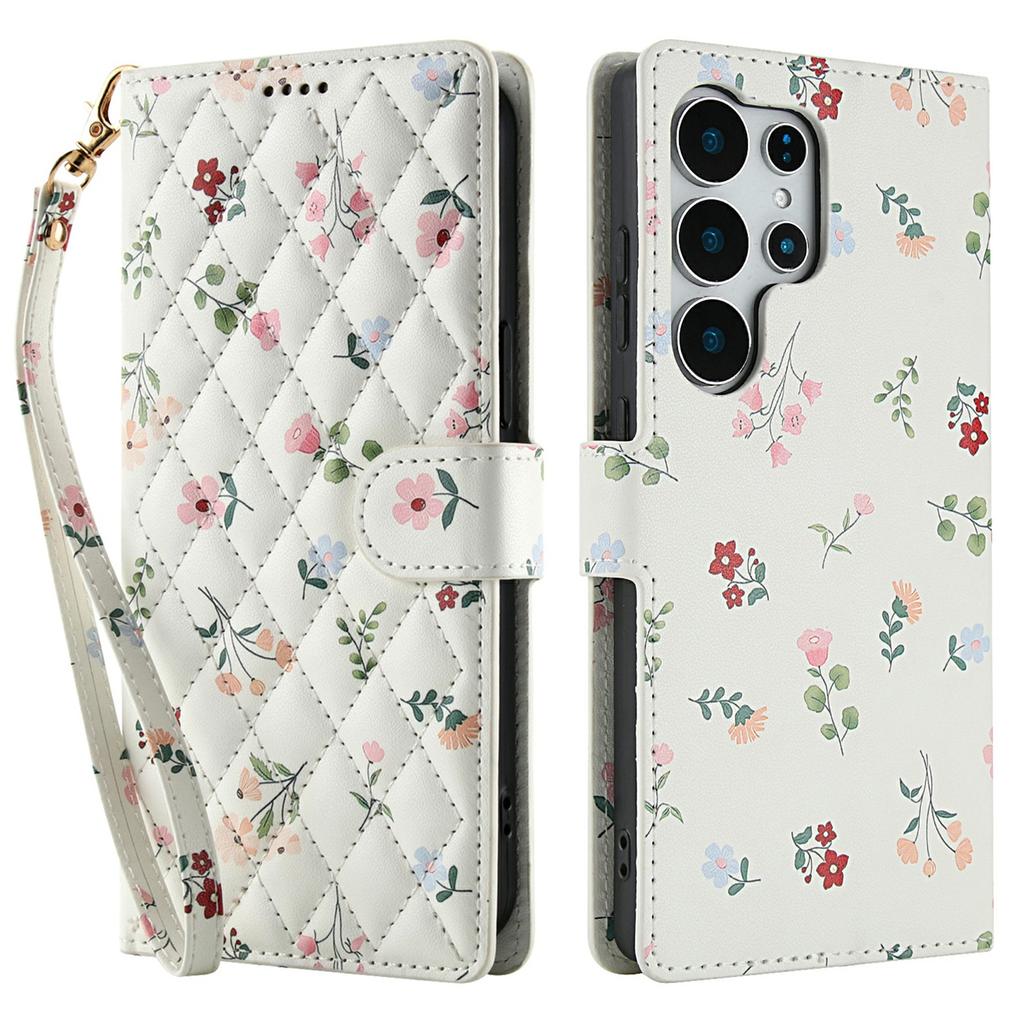 Für Samsung Galaxy S25 Ultra Brieftasche Hülle Rhombisches Blumendesign Leder Klapphandyhülle mit Trageband
