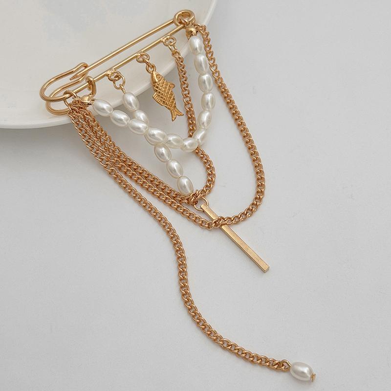 Gold Plated Pearl Chain Lapel Brooch With Dangling Tassel Fish Charm For Blazer Daily Wear Formal Occasions Fashion Jewelry