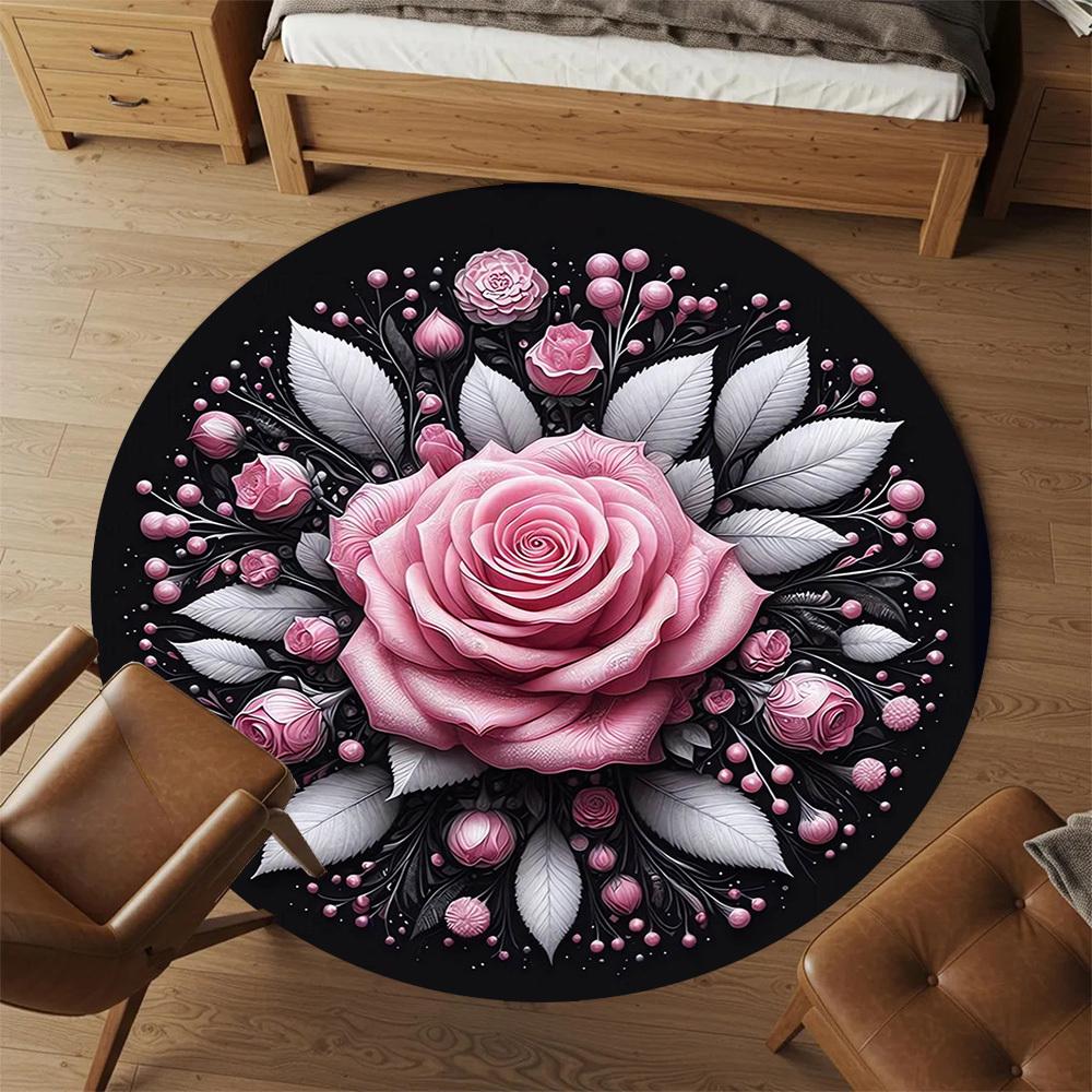 1pc Rose Floral Round Chair mat Area Rug - Non-Slip, Floor Mat for Office, Bedroom, and Indoor Decor -1002207