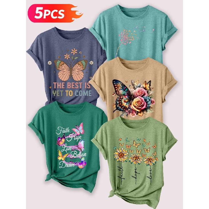Follow a specific direction Five-piece set for women T T-shirt with butterfly inspirational print Summer casual wear Short-sleeved shirt for work