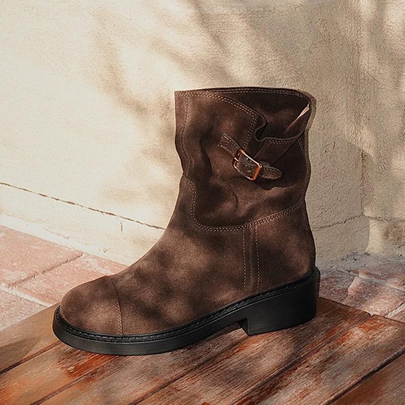 Vintage niche suede suede belt buckle Martin boots women's autumn and winter velvet round head thick heel short boots cowboy boots