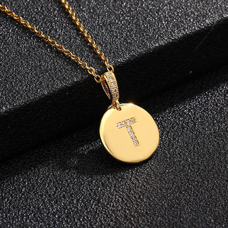 Letter Necklace Fashion 26 One Letter Copper Inlaid Cubic Zircon Vacuum Plating Stainless Steel Chain Necklace