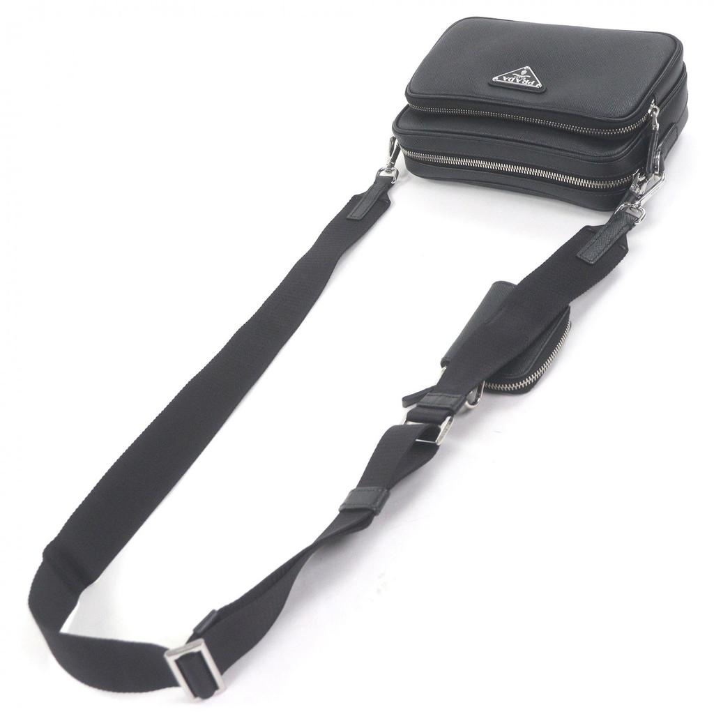 Great PRADA Shoulder Bag Triangle logo mini pouch black Safiano Used
