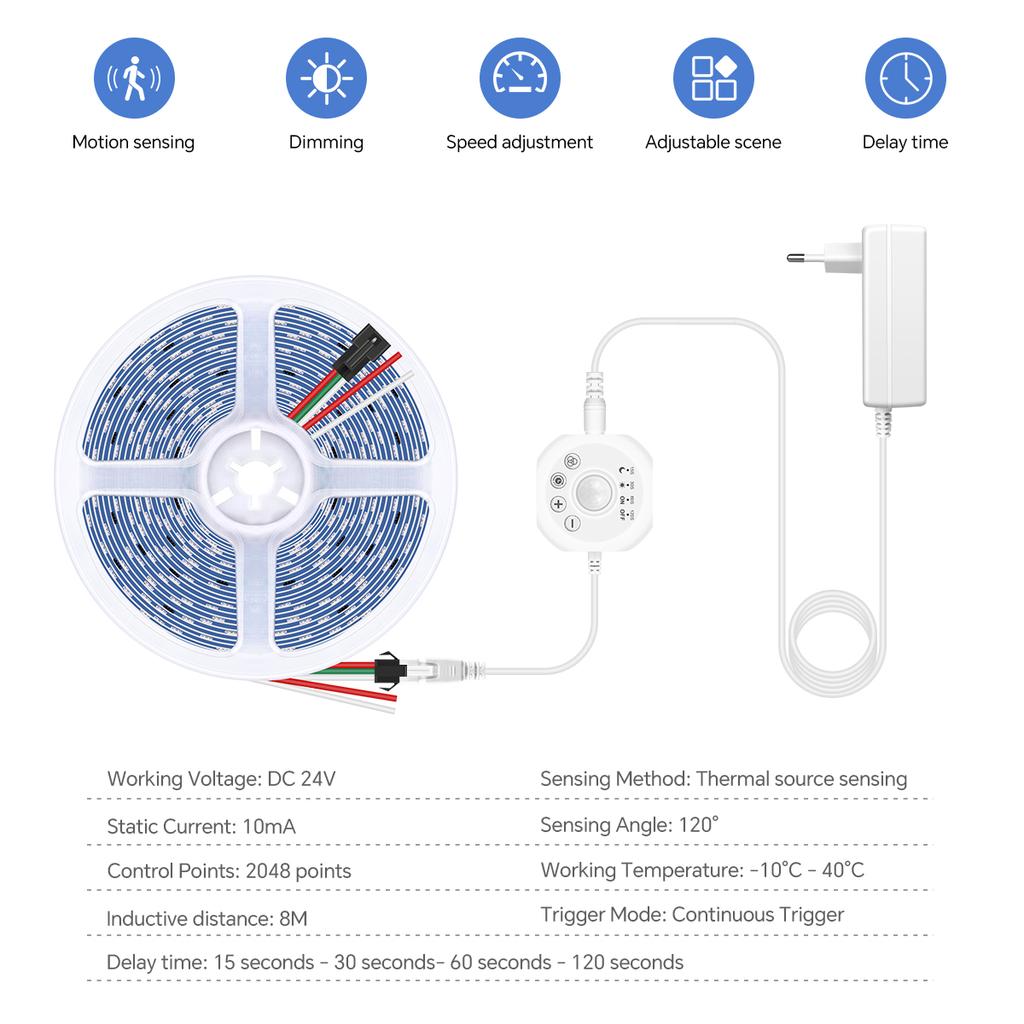 5M 10M PIR Motion Sensor LED Ceiling Light Strip 24V WS2811 Pixels Addressable Chasing Tape For Room Corridor Entrance Door Lamp