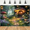 2D Verzauberter Wald Kulisse mit Pilzhaus, Leuchtenden Lichtern und Schmetterlingen Fotografie Hintergrund