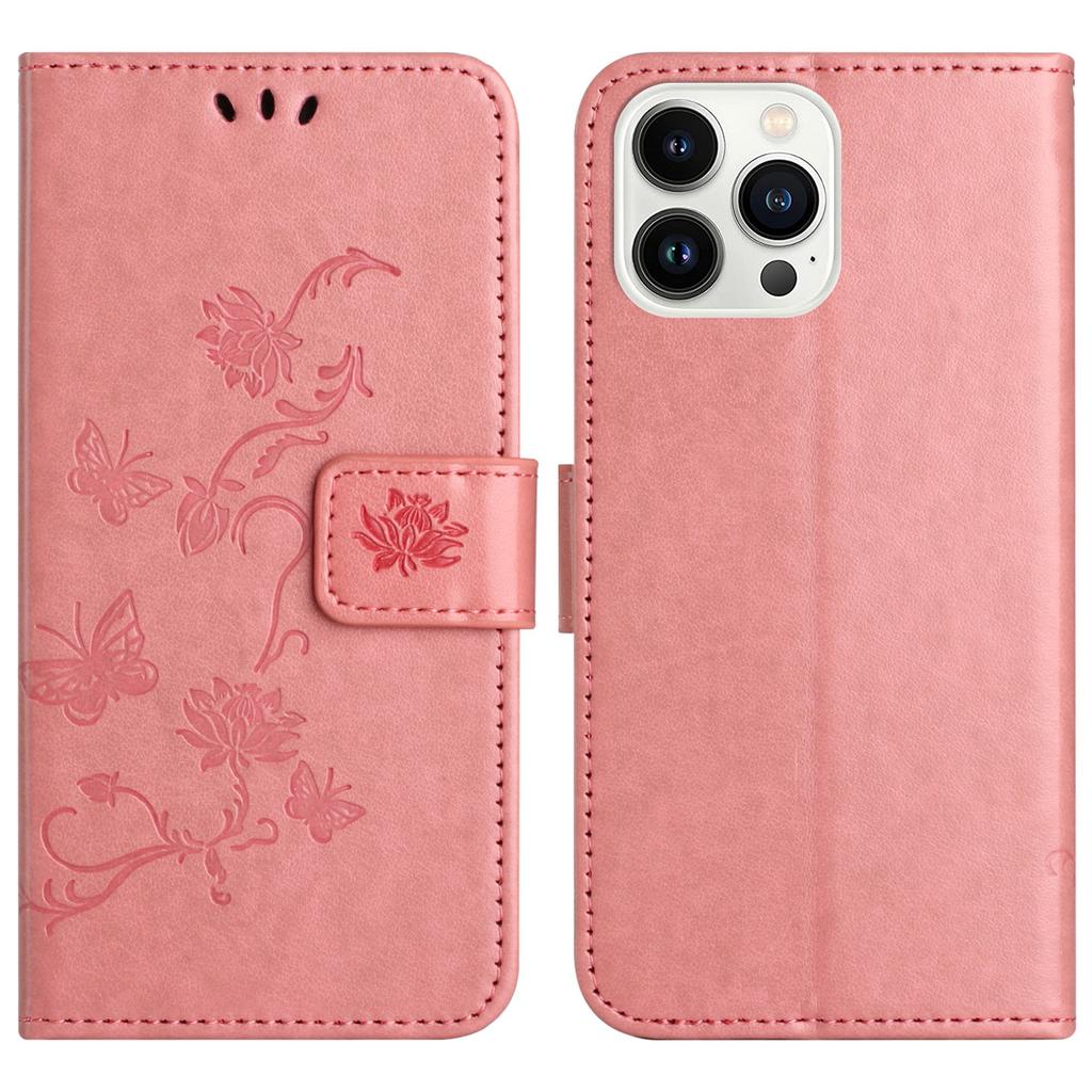 For iPhone 16 Pro Case PU Leather Wallet Phone Cover Butterfly Flower Pattern