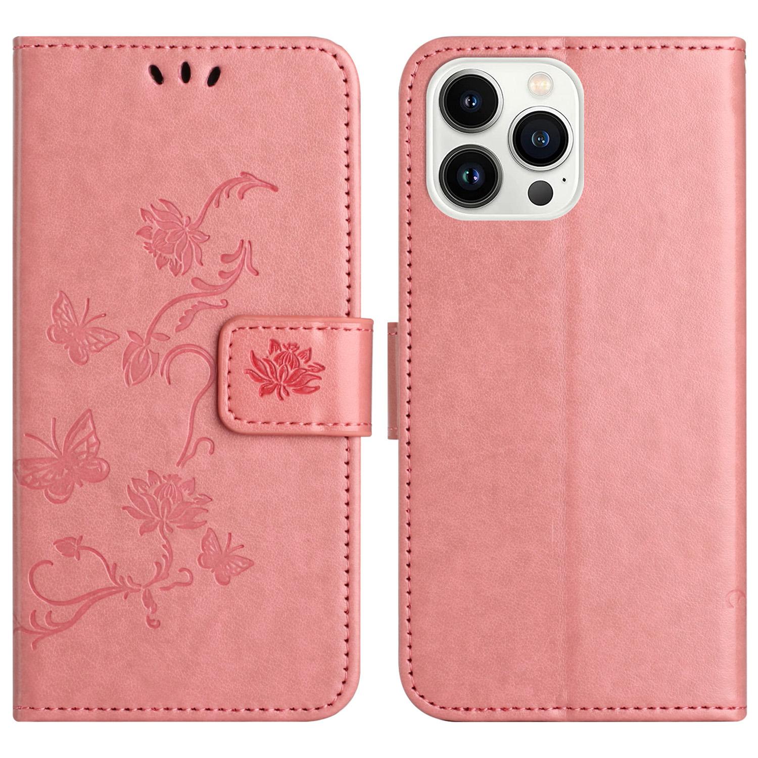 

Чехол для iPhone 16 Pro, кошелек из ПУ кожи, чехол для телефона с узором бабочки и цветка Pink