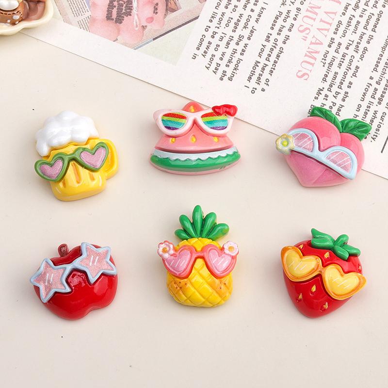 10PCS Resin Kawaii Colorful Cool Glasses Cartoon Strawberry Peach Pineapple Flat Back Stone Scrapbook Figurines DIY Decor Crafts