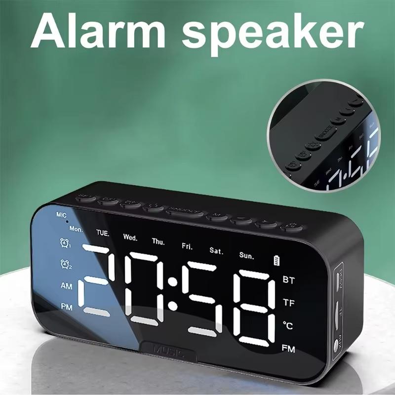 Multifunctional LED Alarm Clock with Bluetooth Speaker Mirror Display FM Radio Temperature Portable for Bedroom & Office Decor