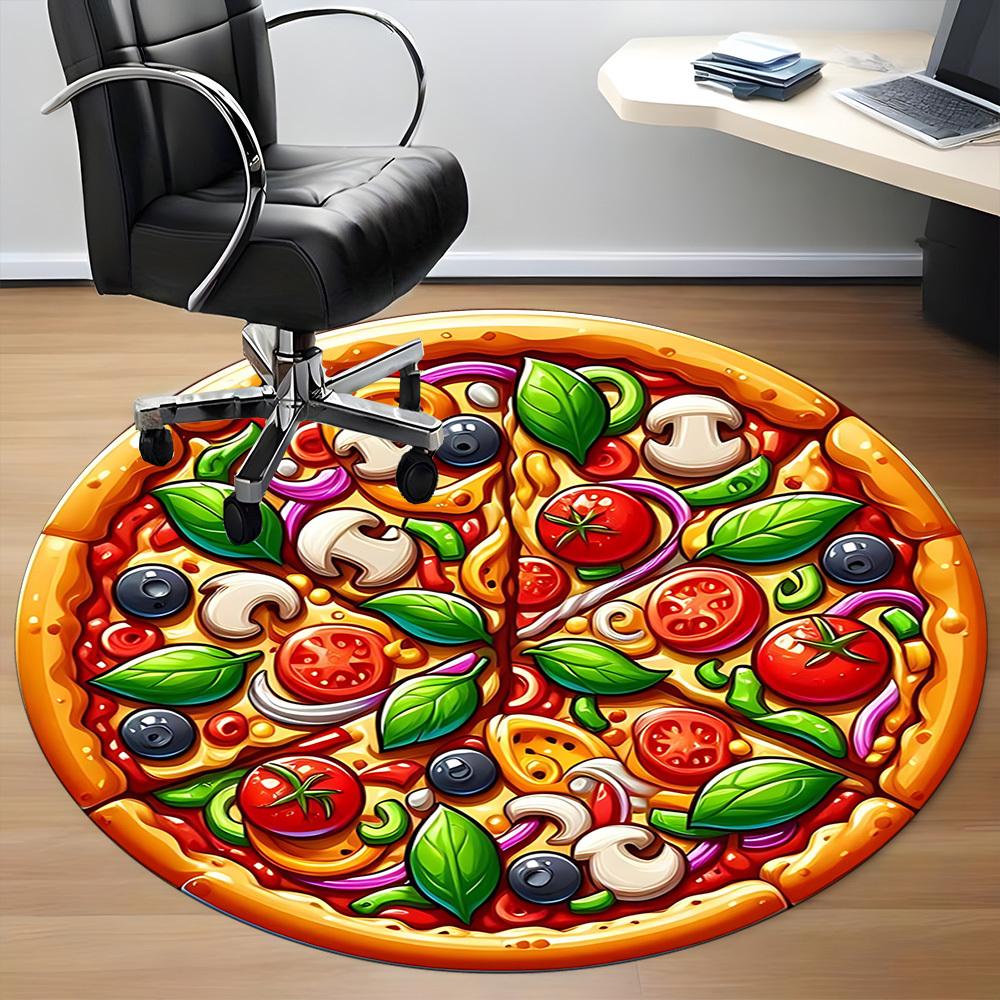 1pc Pizza Print Chair Carpet for Office, Round Polyester Mat, Indoor Decor for Office, Easycare Fabric, Washable Non-slip Area Carpet