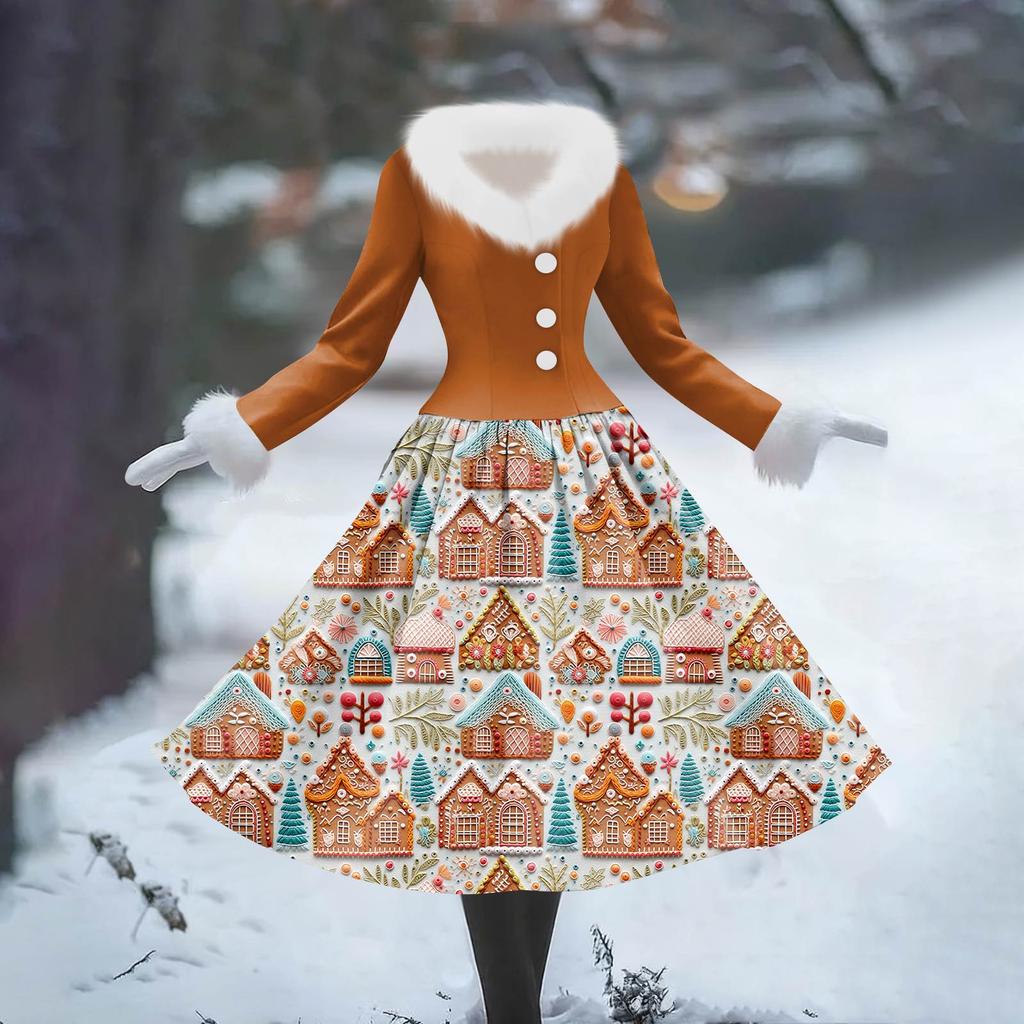 Women's Casual Hooded Dress Long-Sleeve V-Neck Patchwork Fleece Christmas Print Dress