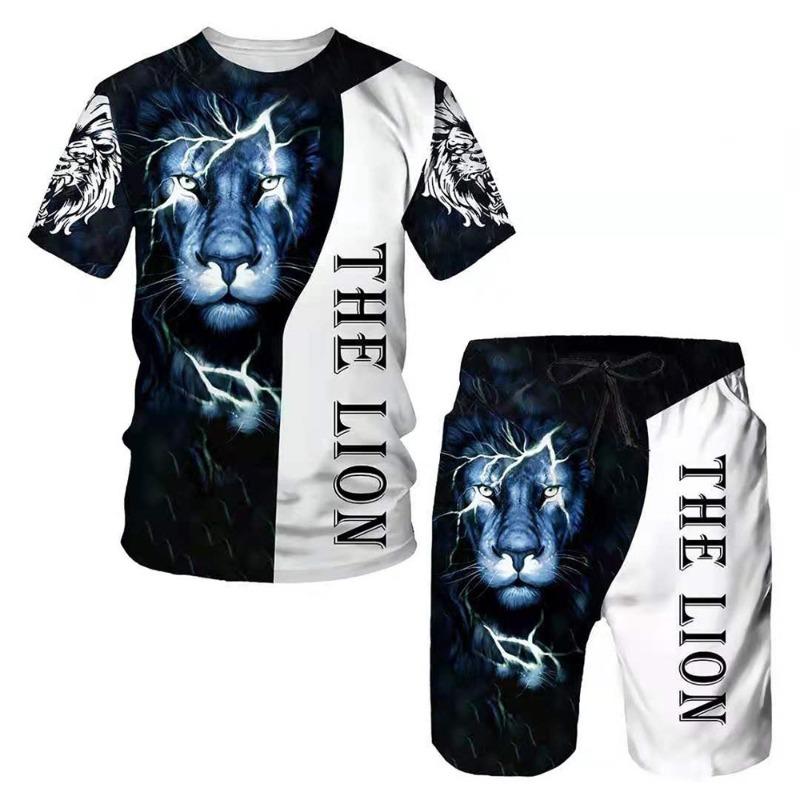 Summer Lion Animal Pattern Printed Men's Casual Comfortable Loose Short Sleeved Two-piece Sport Wear
