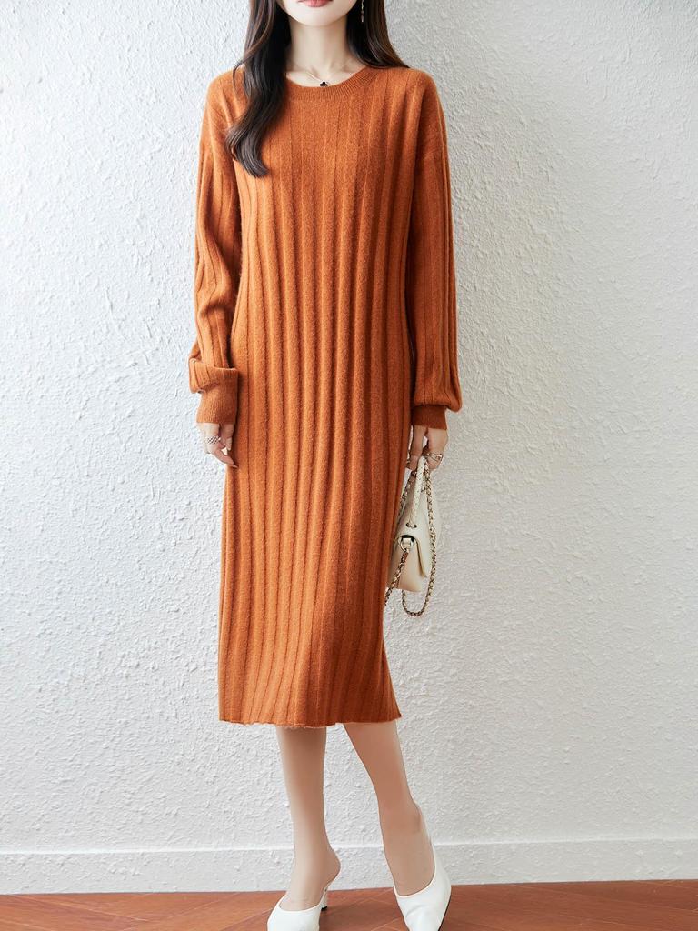 100% Pure Wool Slimming Women's Pullover Dress - Autumn/Winter, Round Neck, Lantern Sleeves, Over-Knee Length