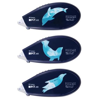 Tombo W PiT Air Glue X Strong Refill Type Grip and Light and Penguin Recycled Tape, 8.4mm 16m, Adhesive, (Firm Pull), Dolphin, Seal, Designs,
