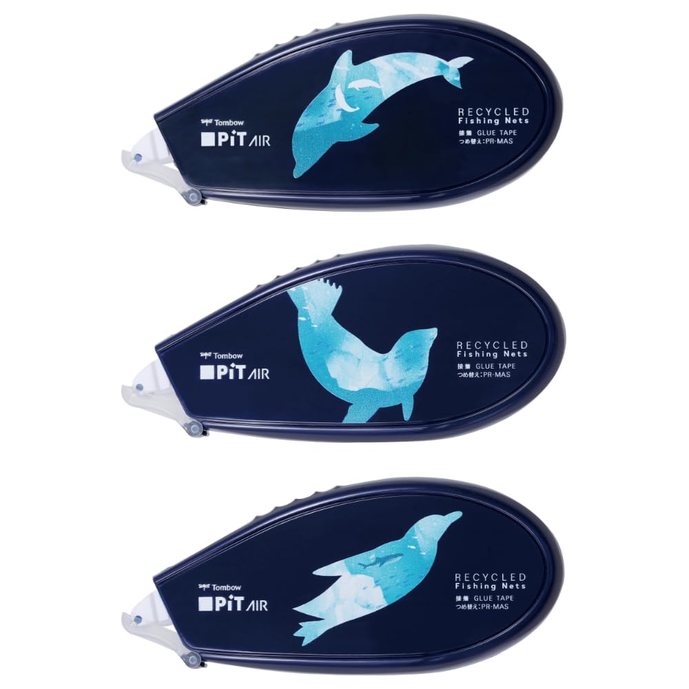 Клей-карандаш Tombow PiT Air с прочным держателем-заправкой и клейкая лента Penguin Recycled, 8,4 мм 16 м, Клейкий, (Сильное натяжение), Дельфин, Тюлень, Дизайны,