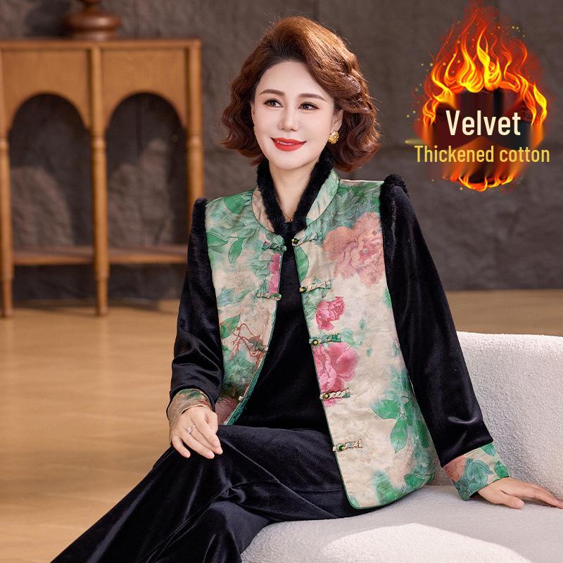 New Chinese-Style Winter Vest Suit: 3-Piece Gold Velvet Set for Middle-Aged Women