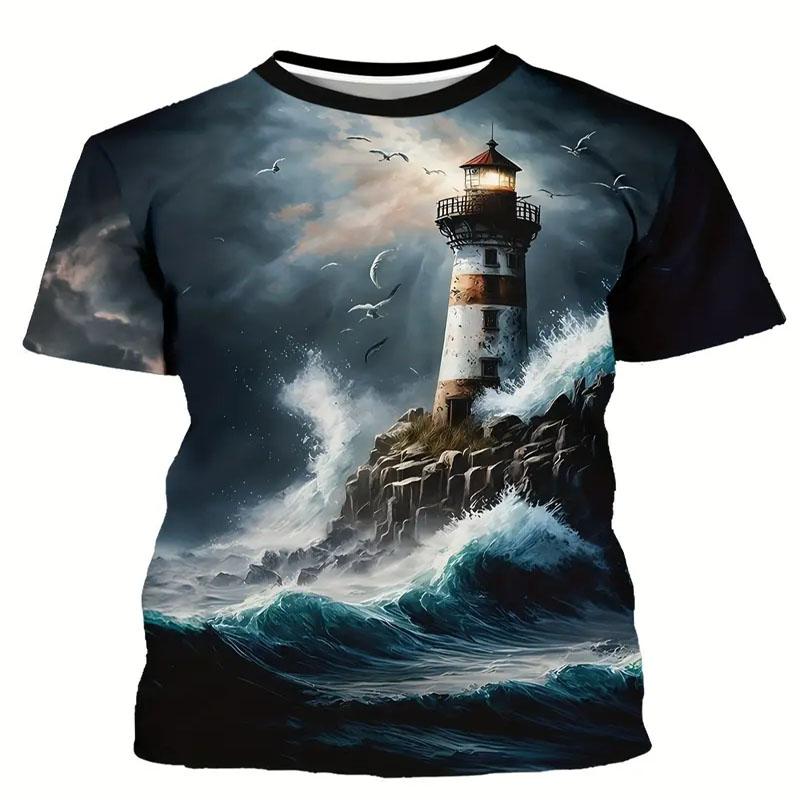 

Мужская удобная футболка с круглым вырезом и коротким рукавом, с 3D-принтом в виде маяка, из полиэстерового волокна, летняя универсальная XL