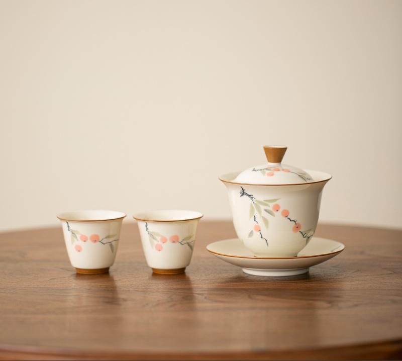 125ml Hand-painted Persimmon Bamboo Cover Bowl Household Anti Scald Gaiwan Handmade Tea Tureen Tea Making Tea Cup Tea Items Orna