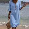 Casual Cotton Linen Midi Sundress with Ruffle Sleeves and Button Details