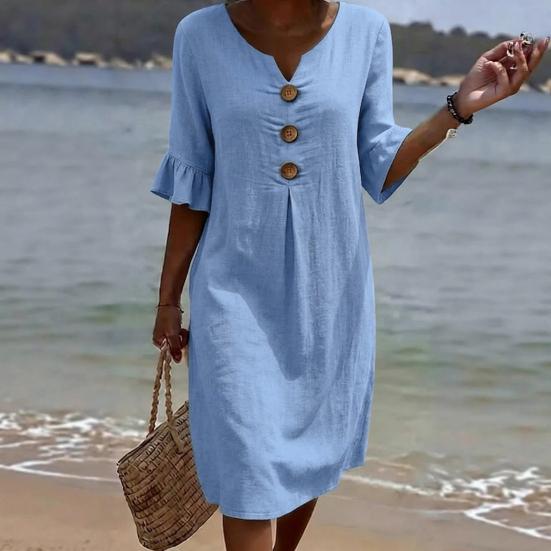 Casual Cotton Linen Midi Sundress with Ruffle Sleeves and Button Details