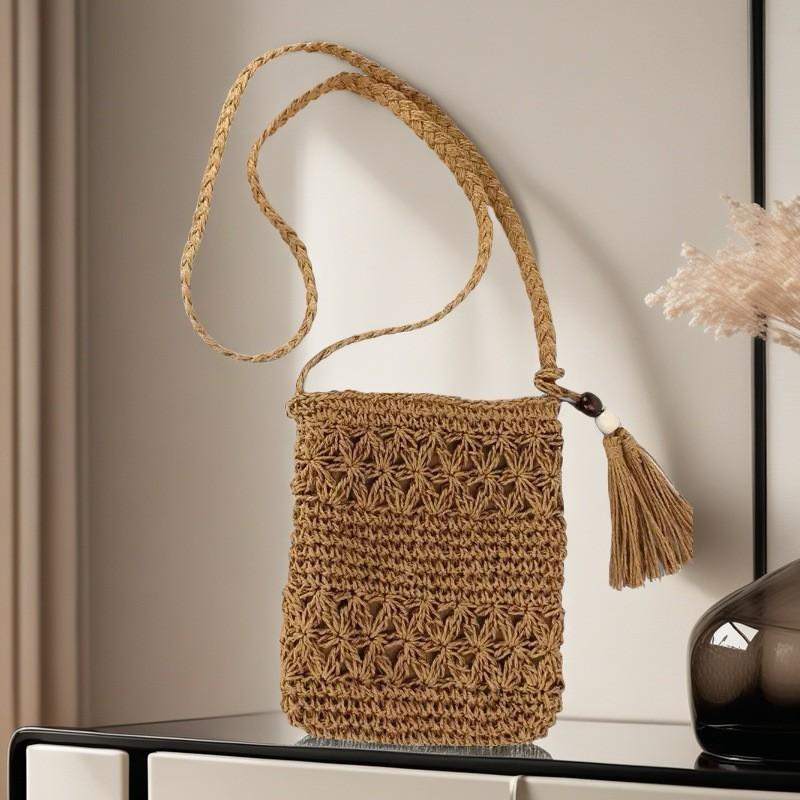 

Custom Tassel Small Bag Hollow Cross-body Straw Hand-woven Bags Beach Shoulder коричневий
