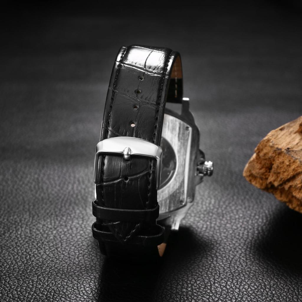 Automatic Watch with Genuine Leather Strap and Waterproof Stylish Square Quartz Watch in Black Perfect Gift for or Day Men's Design - Birthdays,