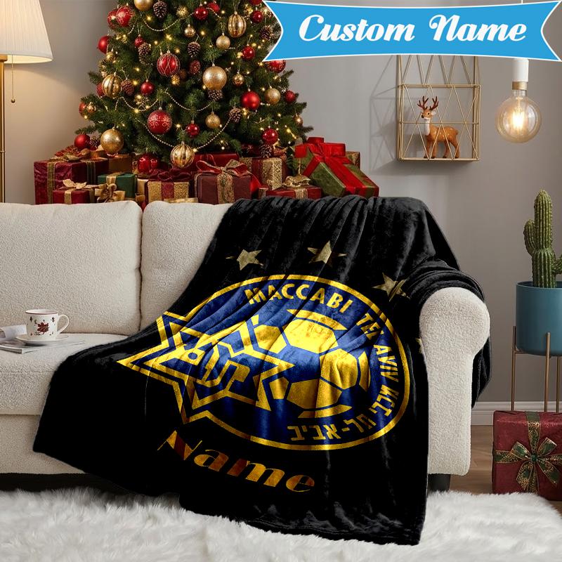 Custom Name Maccabi Football Crest Blanket Lightweight Ideal Bedding Blanket Perfect for Travel, Camping, Living Rooms, Sofas, Christmas Gift