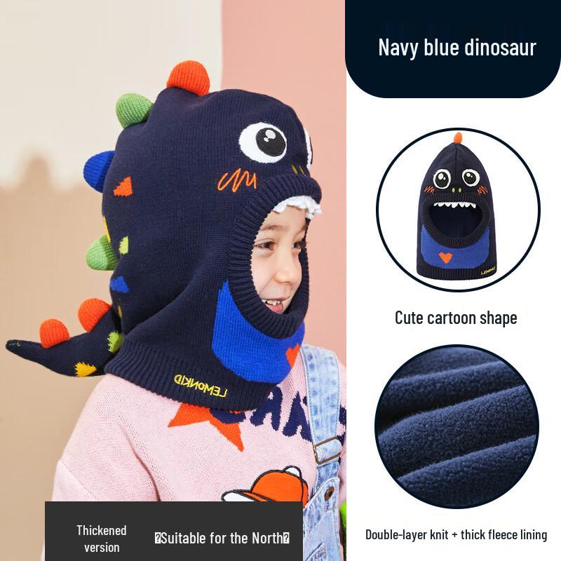 Lemonkid Baby Blue Dinosaur Hooded Fleece Scarf with Mittens