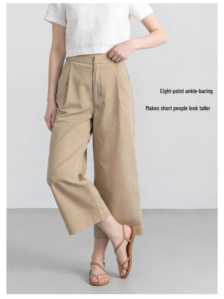 Guangmei Women's Summer Casual Wide-Leg Cropped Pants with Adjustable Waist and Front Pleats.