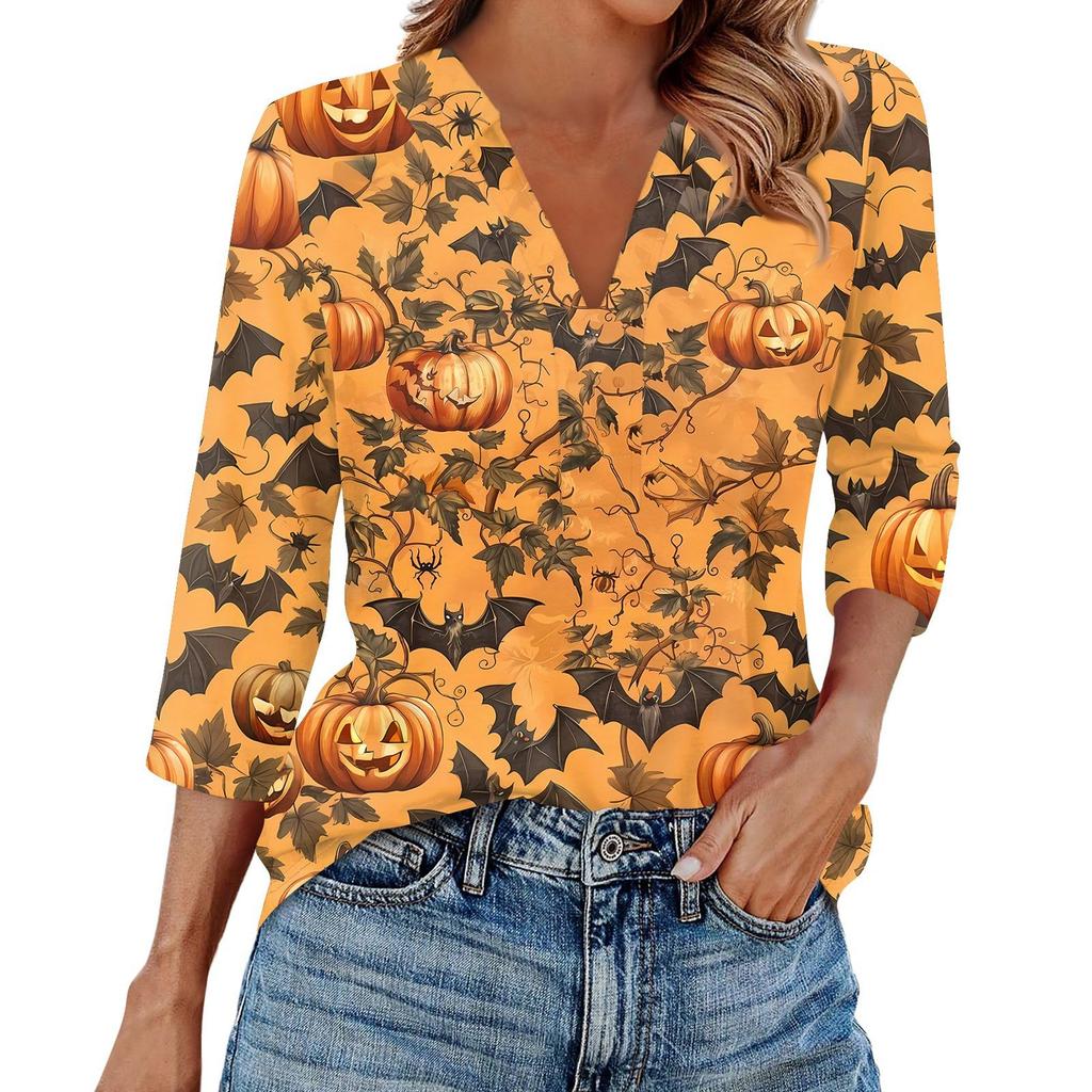 Modă Femei Casual Rever Mânecă 3/4 Cămașă cu Imprimeu Halloween Topuri cu Decolteu în V pentru Femei