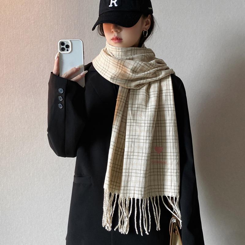 Love Beige Plaid Scarf Women's Autumn and Winter New Student Imitation Cashmere Shawl Dual-purpose Scarf